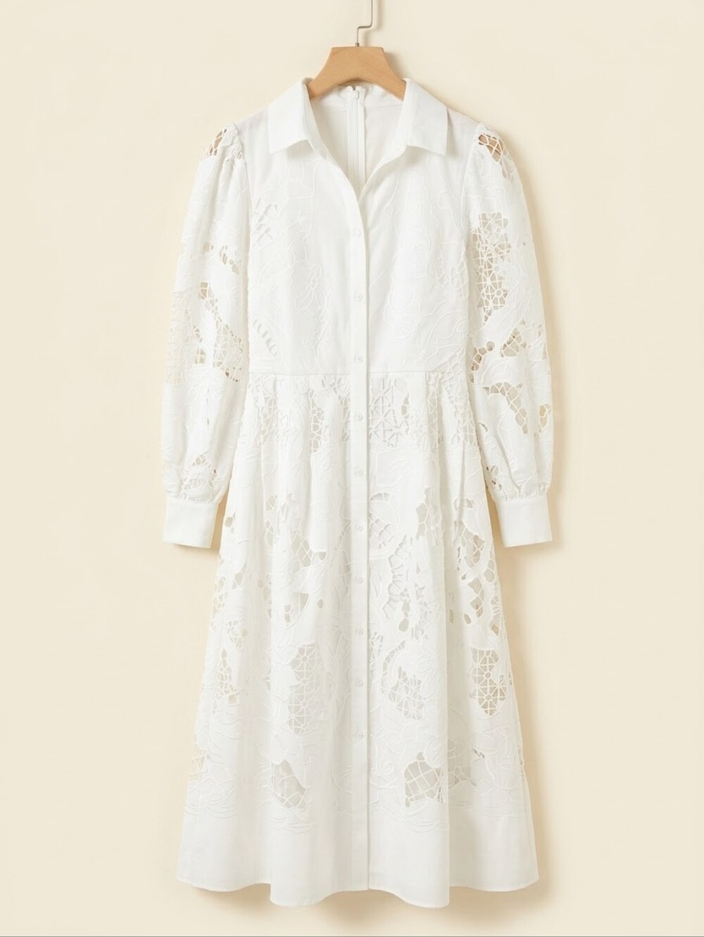 White Eyelet Midi Semi Sheer Dress with Collar